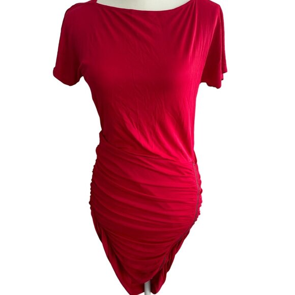 BCBGMAXAZRIA Red Side Zip Ruched Dress Size Small - Picture 3 of 5